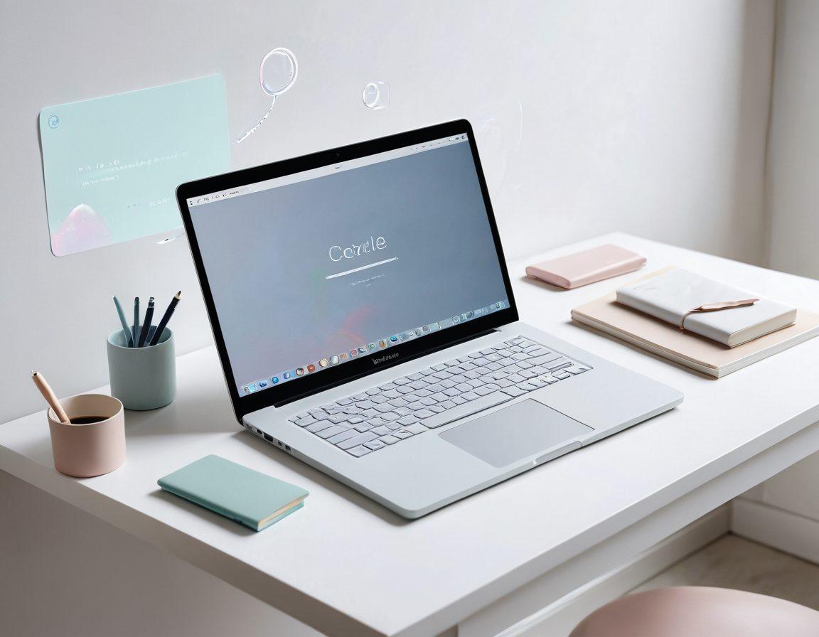 A serene desktop scene showcasing a clean, minimalist workspace with only a sleek laptop, a single elegant pen, and a neatly arranged notepad. The background features soft pastel colors and subtle lines representing clarity and brevity. Incorporate floating translucent text bubbles with simplified icons symbolizing messaging and communication. super-realistic. soft pastel colors. white background.