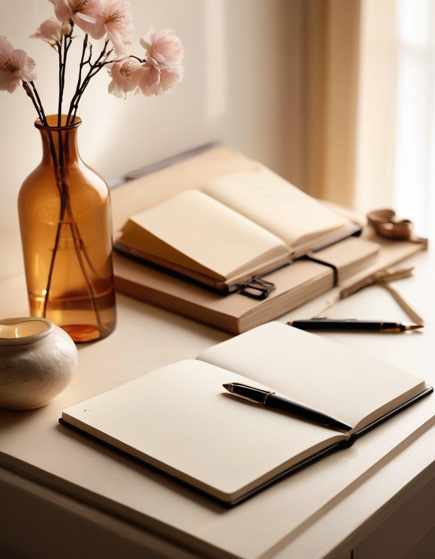 A sophisticated scene featuring a minimalist desk with an elegant fountain pen and a beautifully crafted notebook, surrounded by soft, warm light. Incorporate subtle floral accents to symbolize beauty and brevity in communication. A delicate balance between simplicity and refinement, embodying the essence of elegance. soft lighting. super-realistic. warm colors.