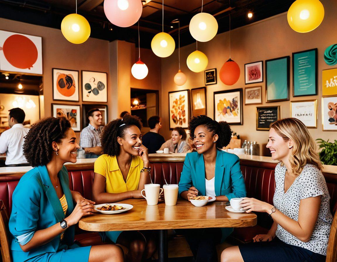 A dynamic scene featuring diverse people engaged in animated conversations, illustrating short bursts of dialogue with dynamic speech bubbles. The setting is a cozy café with stylish decor, highlighting expressiveness through exaggerated facial expressions and body language. Incorporate vibrant colors to emphasize the energy of the interactions, with soft lighting creating an inviting atmosphere. Both modern and retro elements blend seamlessly in the background. vibrant colors. cozy café setting. expressive characters. digital art.